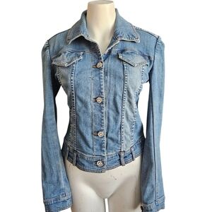 Cache Women's Blue Denim Short Jacket Rhinestone Buttons Size 6